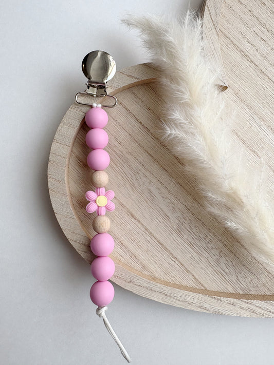 PEONY PINK + WOODEN FLORAL PACIFIER CLIP