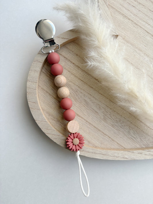 BURGUNDY ROSE + WOODEN FLORAL PACIFIER CLIP