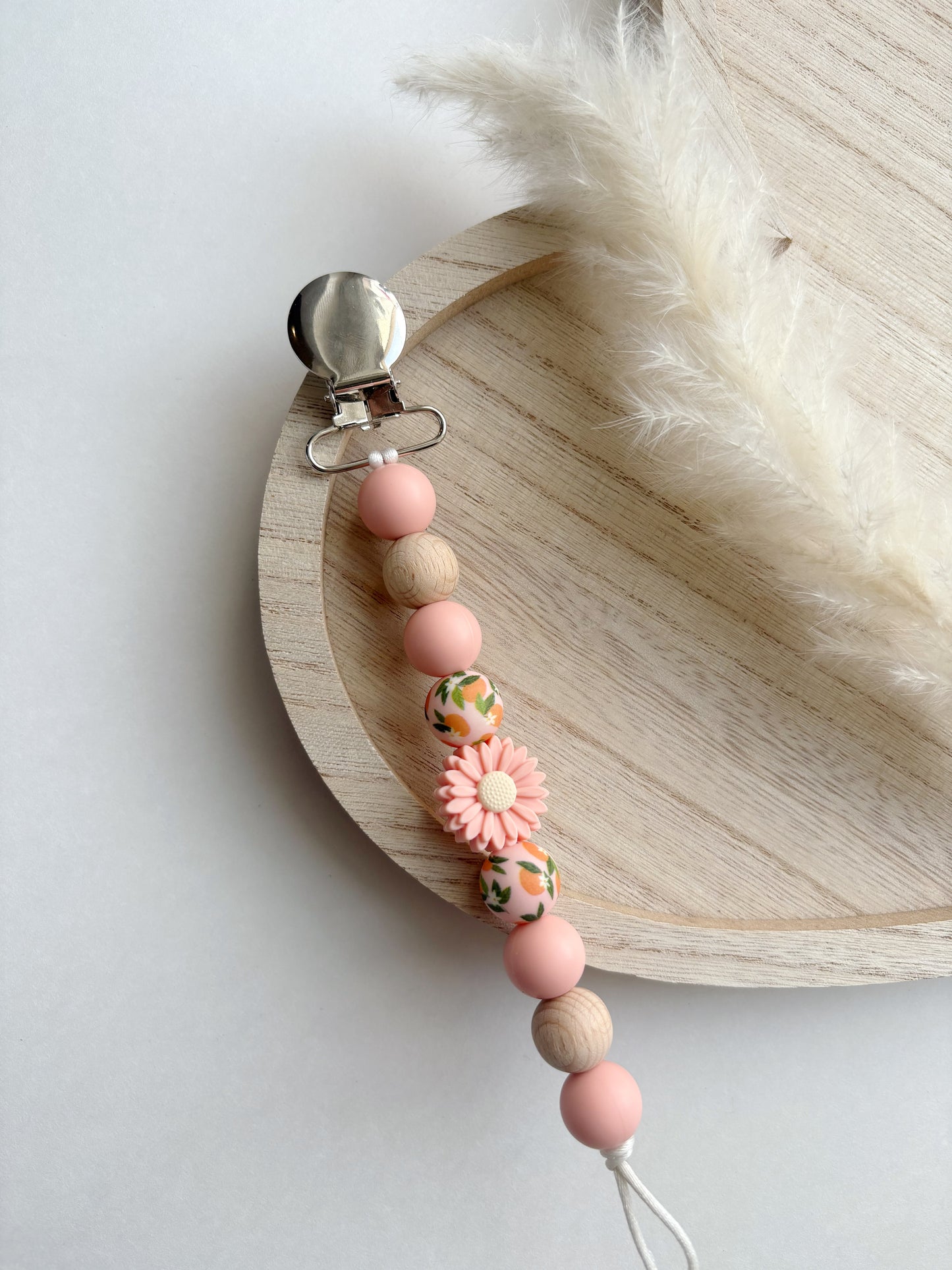 SOUTHERN PEACH + WOODEN FLORAL PACIFIER CLIP